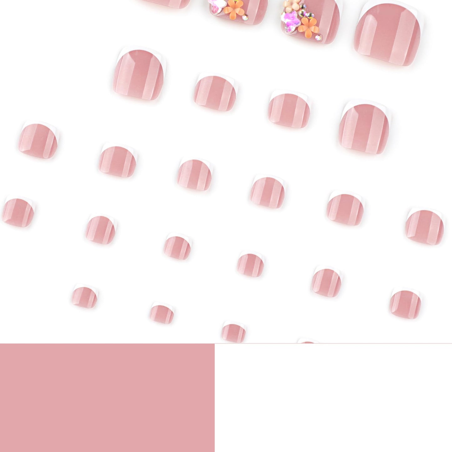 French Tip Press on Toenails Short Square Fake Toenails with 3D Flower Charms Rhinestone Nude Pink Acrylic Toe Nail Tips Summer Toe Press on Nails Seamless Fit Toe Nails Glue on Nails for Women 24PCS