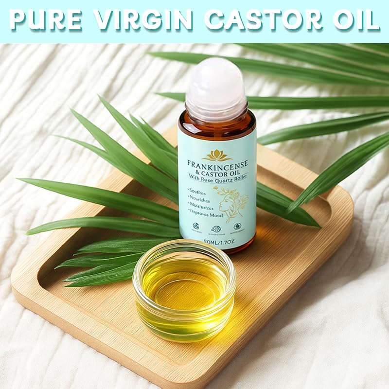 Organic Castor Oil Roll-On with Rose Quartz Roller for Skin & Hair Care - 50ML