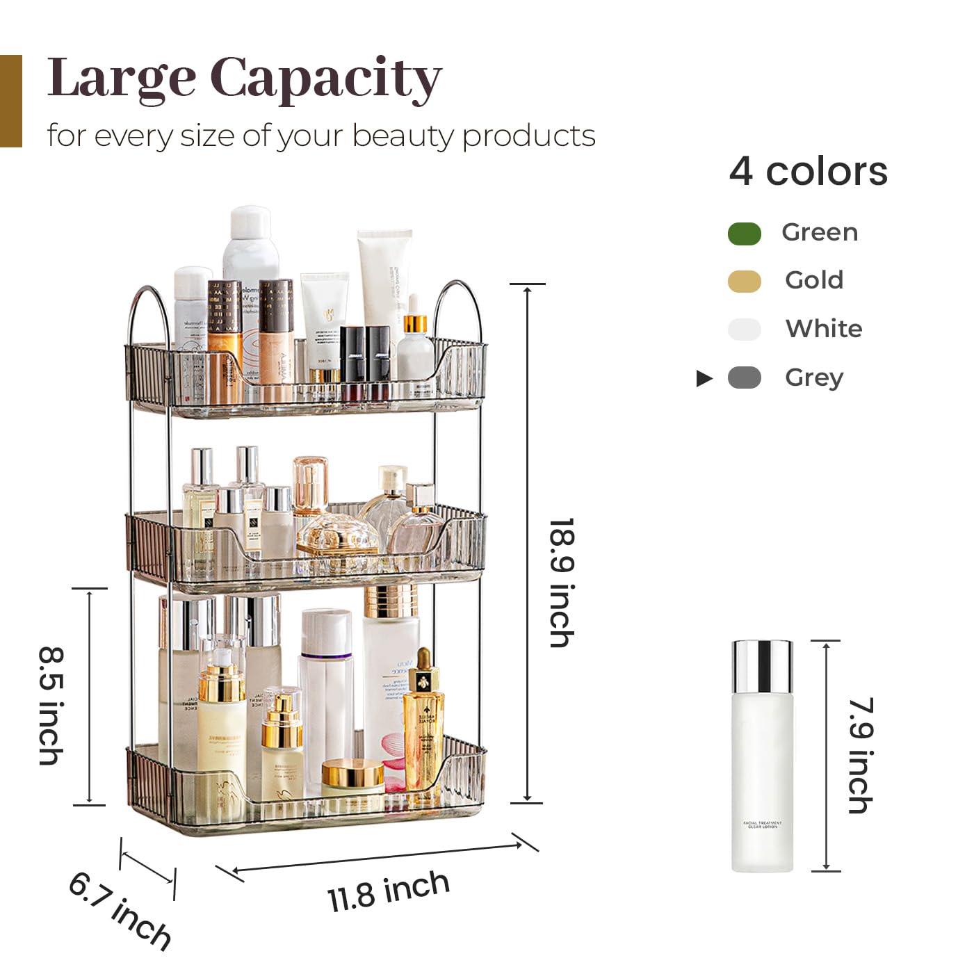 Aveniee Bathroom Counter Organizer, 3 Tier Perfume Skin Care Countertop Storage Shelf, Vanity Makeup Tray for Cosmetic Skincare Lotion,Grey