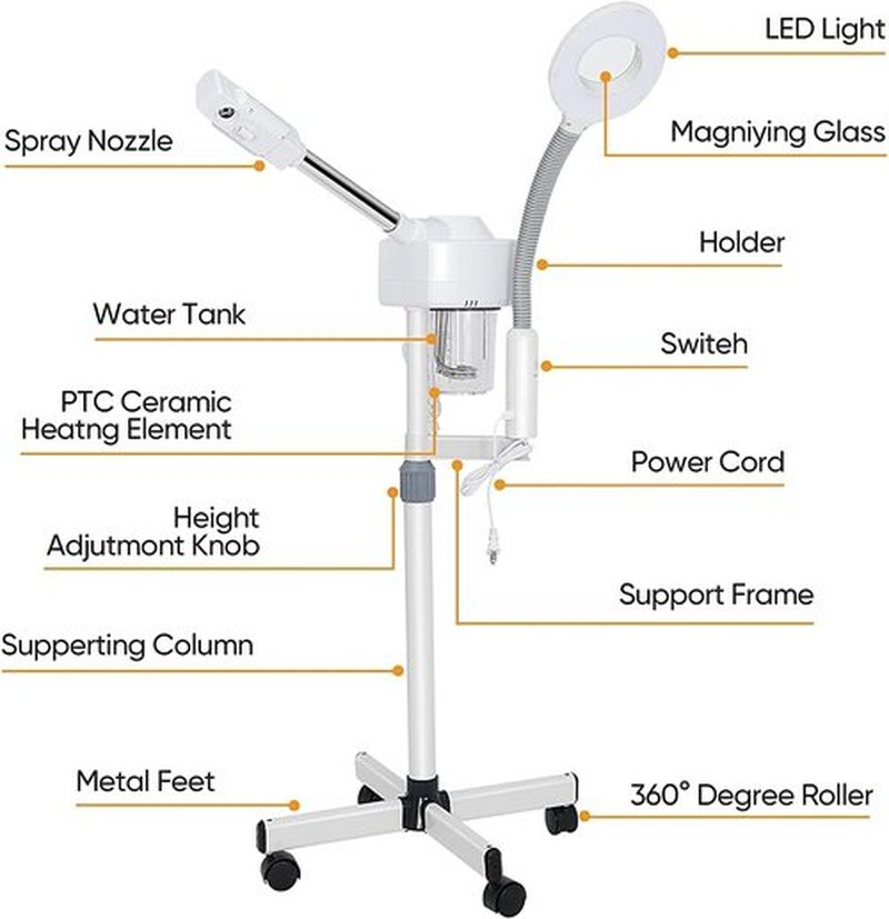 BBBuy 2 in 1 Facial Steamer Professional Nano Ionic Face Deep Cleansing Hydration with 5X Magnifying LED Lamp & Rolling Wheels, High Frequency, Portable Home Spa Salon Beauty Skin Care Equipment