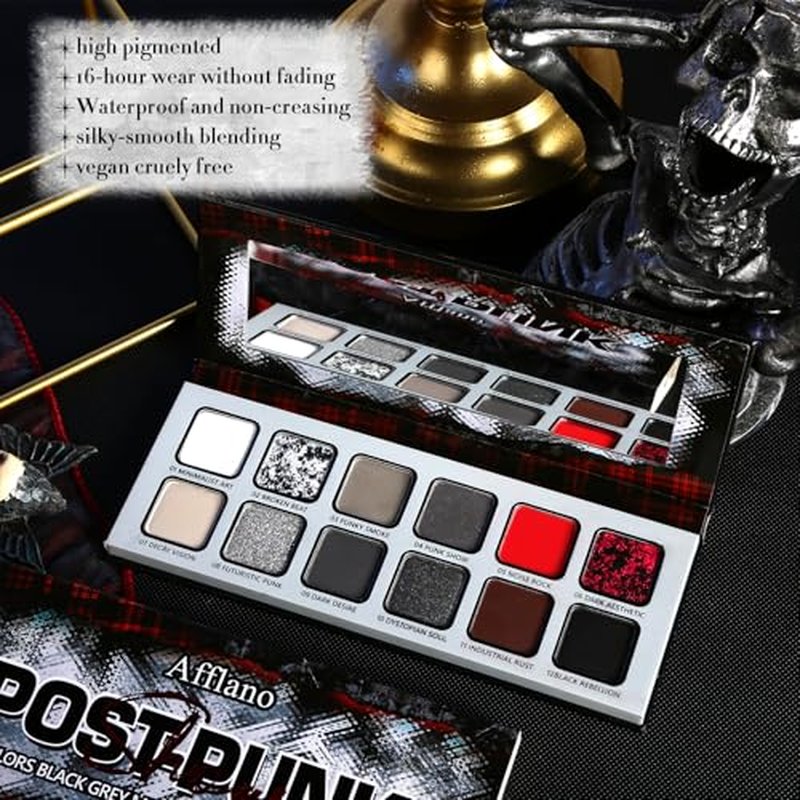 Black Grey Red Eyeshadow Palette Goth Makeup, Cold Silver Smokey Eye Shadow Compact Metallic & Matte Finishes Pigmented Burgundy Brown Cream Eyeshadow for Smokey Punk Bold Dark Vampire Gothic Clown