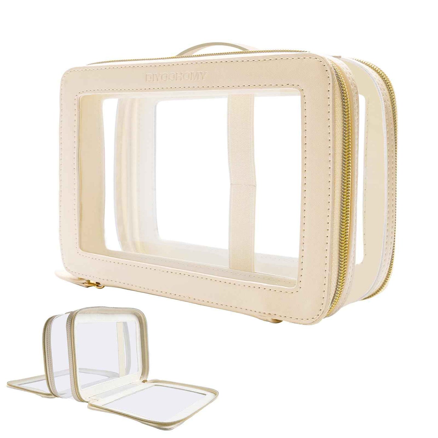 DIYOOHOMY Clear Makeup Bag Double Layer Two Sided With Zipper White Cosmetic Small Make Up Case Compartments Brush Travel Leather Toiletry Women Organizer Transparent Waterproof Pouch