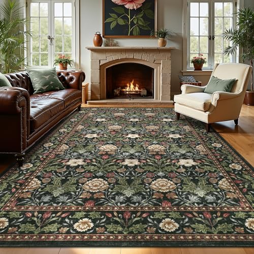 GarveeHome Forest Green Floral Area Rug 9x12 for Living Room & Bedroom, Washable Non-Slip Floor Mat