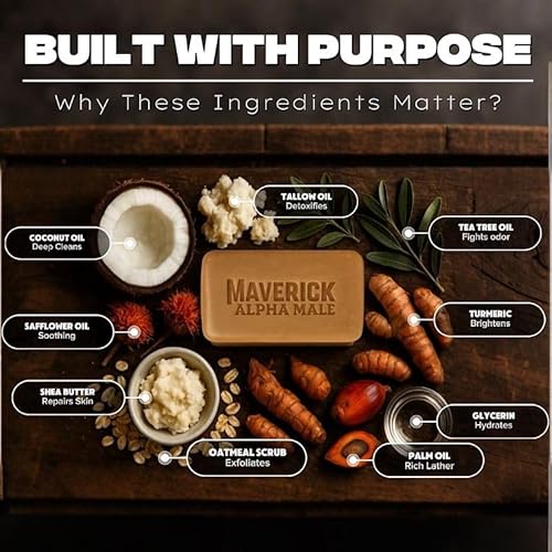 Maverick Alpha Male Soap & Health Brand Mystic Spice Mens Bar Soap ? Natural Soap for Men with Beef Tallow, Tea Tree & Turmeric ? 8oz Extra-Large Exfoliating Bar with Oatmeal & Shea Butter