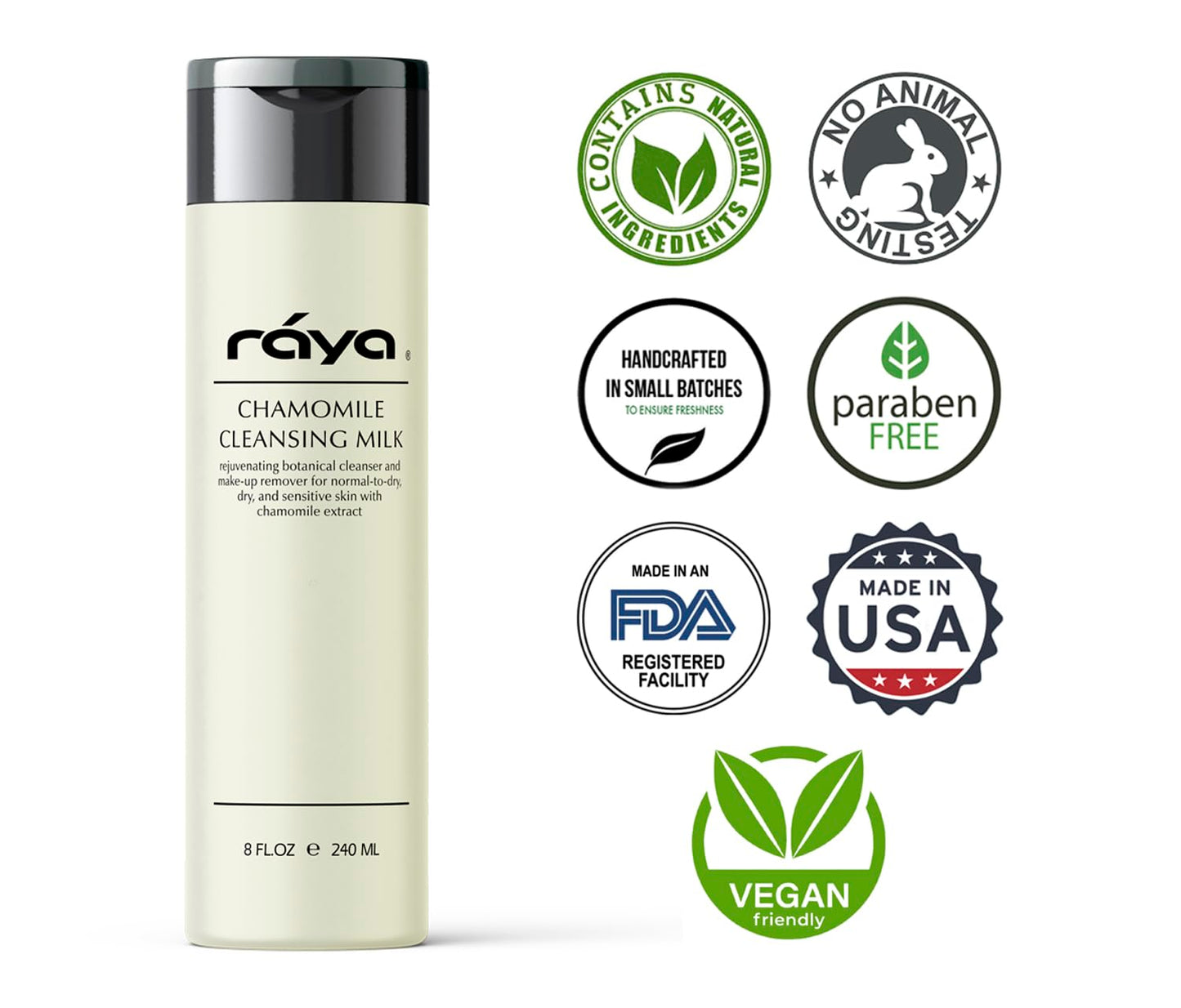 Raya Chamomile Facial Cleansing Milk 8 oz (152) | Gentle, Soap-Free Fluid Cleanser and Make-Up Removing Lotion for Dry and Sensitive Skin | Helps Calm Irritations and Refine Pores