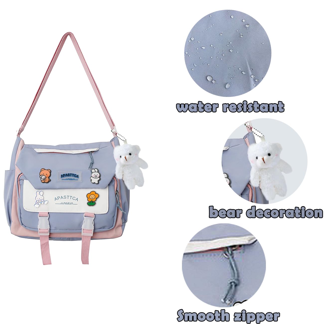 PRLINJSK Cute Messenger Bag for Teen Girls Women, Kawaii Crossbody Shoulder Purse with Pins and Stuffed Pendant Gift