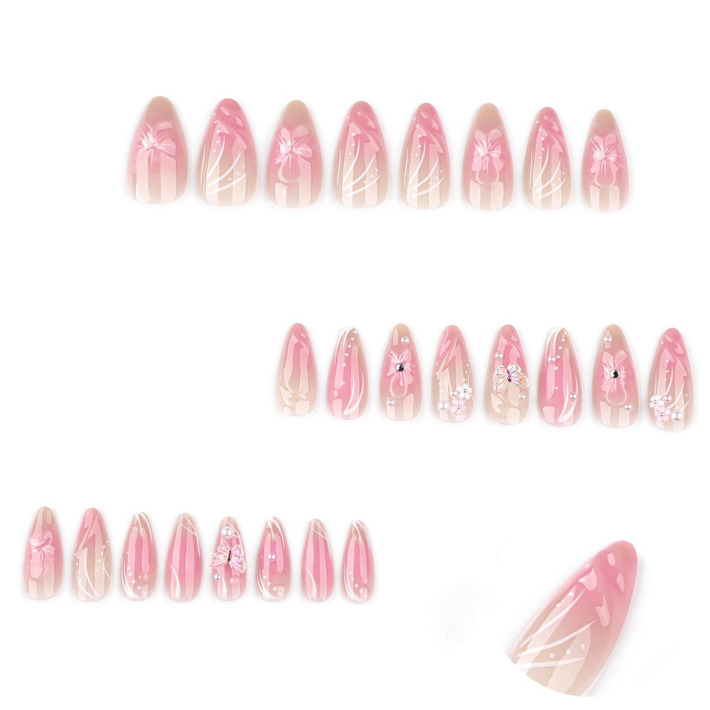 Flower Almond Press On Nails Medium Fake Nails For Spring With 3D Floral Rhinestones Design False Nail Press Ons Flossy Pink Stick On Nails Spring Summer Glue On Nails For Women Nail Supplies