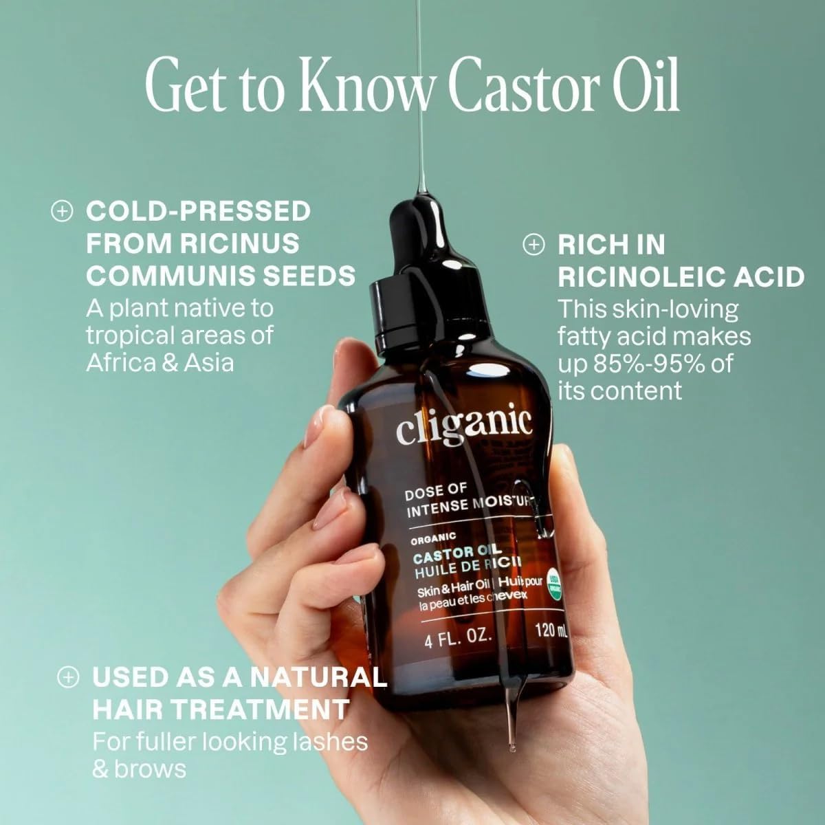 Cliganic Organic Castor Oil, 100% Pure (8oz with Eyelash Kit) - For Eyelashes, Eyebrows, Hair & Skin | Natural Cold Pressed Unrefined Hexane-Free (Packaging May Vary)