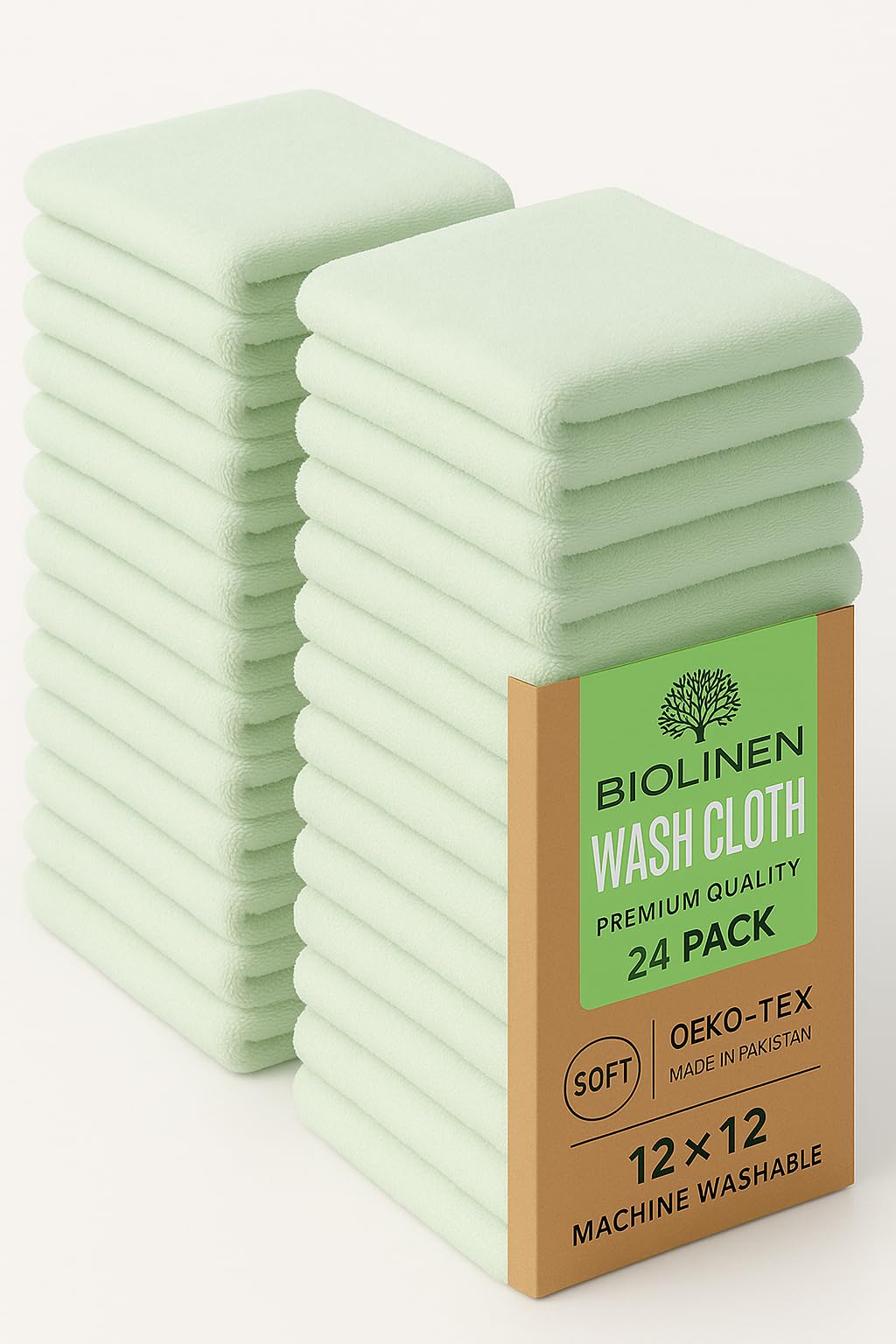 BIOLINEN Cotton Washcloth Towel Set, 12"x12", Pack of 24, Ultra Soft, 100% Cotton, Multi-Purpose Rags (White, 12 x 12-24 Pack)