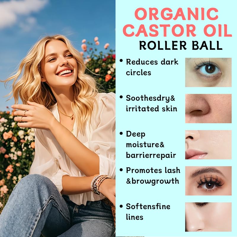 Organic Castor Oil Roll-On with Rose Quartz Roller for Skin & Hair Care - 50ML