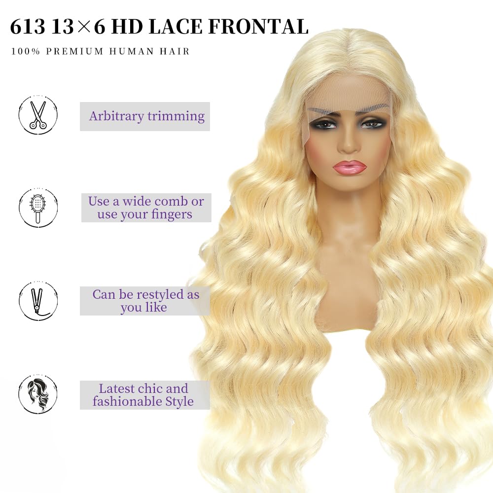 SEMANK 613 13x6 Lace Front Wig Human Hair 26 Inch Blonde Wig Human Hair 200% Density Body Wave Lace Front Wigs Pre Plucked 613 Lace Front Wig Blonde HD Lace Frontal Wig