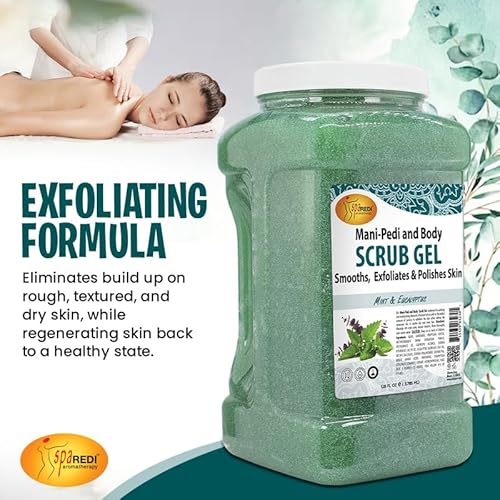 SPA REDI - Exfoliating Scrub Pumice Gel, Mint and Eucalyptus, 128 Oz - Manicure, Pedicure and Body Exfoliator Infused with Hyaluronic Acid, Amino Acids, Panthenol and Comfrey Extract