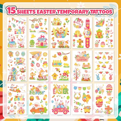 EMOME Easter Basket Essentials, 15 Sheets Easter Tattoos for Kids Bulk Tattoos Temporary for Easter Basket Stuffers Egg Fillers, Easter Decorations Party Favors Supplies Games for Boys Girls(Glitter)