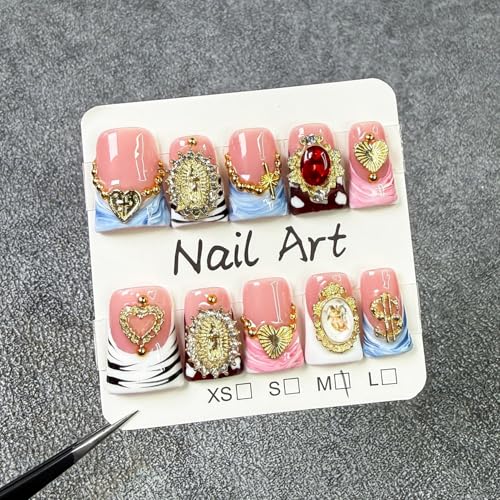 Handmade Press on Nails Kit Heart Fake Nail with Luxury 3D Rhinestone Designs Gradient French Tip Muti-Layer Gel Acrylic Nails Short Square False Nails Golden Embossed Stick on Nail for Women (Size S)