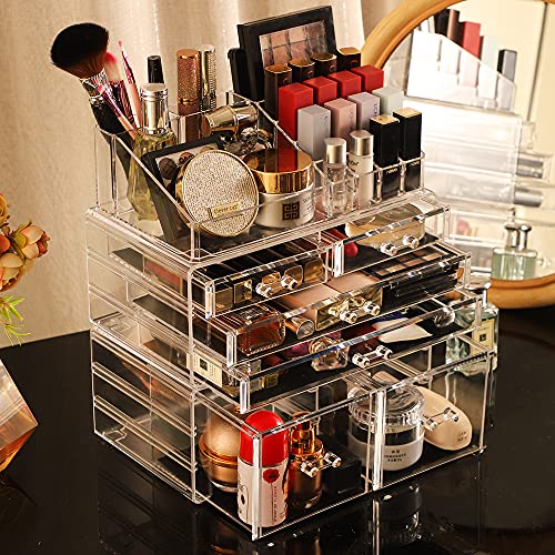 Acrylic 3-Pack Makeup Organizer with 6 Drawers and Top Tray – Stackable Vanity Desk Storage