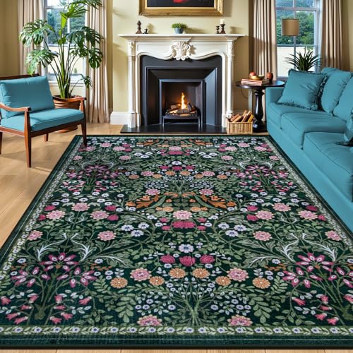 PLHXFR 8x10 Dark Green Floral Washable Area Rug for Living Room & Home