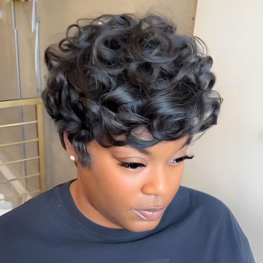 MOONSHOW Short Pixie Wigs for Black Women Short Black Curly Pixie Wig Synthetic Short Hair Wigs for Black Women Natural Wavy Black Pixie Cut Wig (Natural Black)