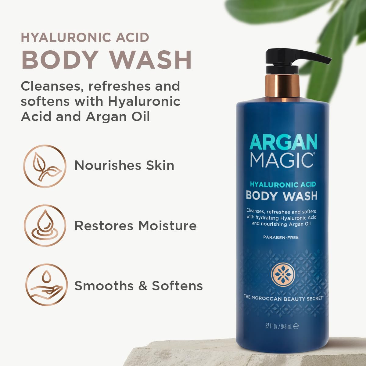 Argan Magic Hyaluronic Acid Body Wash - Cleanses, Refreshes & Softens with Hydrating Hyaluronic Acid and Nourishing Argan Oil | Paraben Free, Cruelty Free (32 Fl Oz)