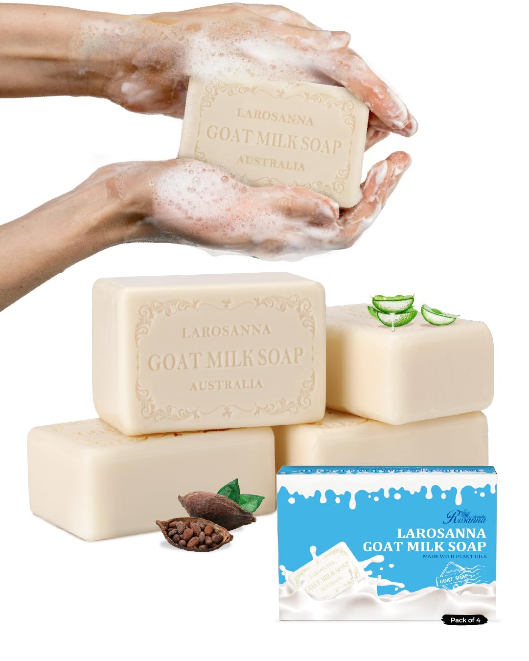 larosanna Australian Goat Milk Soap,Helps Moisturize,Smooth & Cleanse Skin,Triple-milled Bar Soap with Cocoa Butter,Aloe Vera and Pure Plant Oil,Body Soap Bars 6.3 oz for Adults & Babies,Pack of 4