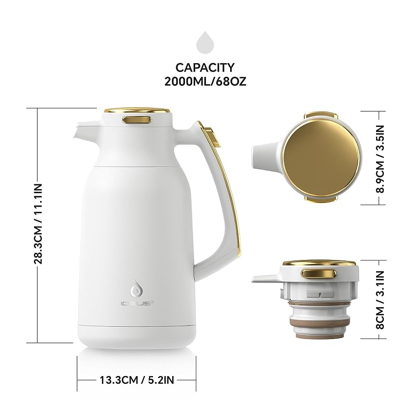 IDEUS 68oz Thermal Coffee Carafe - White-Gold Beverage Dispenser (67.6 oz variant)