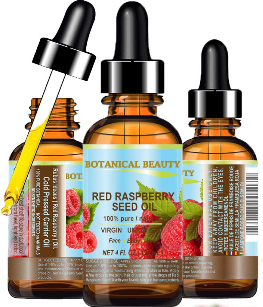 Botanical Beauty RED RASPBERRY SEED OIL 100% Pure Natural Virgin Unrefined Undiluted Cold Pressed Carrier Oil for Face, Skin, Hair, Body, Nails. Rich in Vitamin C, Vitamin E (4 Fl Oz)
