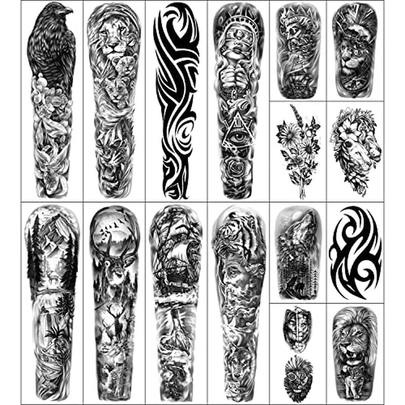 46 Sheets Full Arm Temporary Tattoos Waterproof For Men(L22.8¡°xW7¡±), Fake Tattoos for Women Lion Tiger Clock Flower Skeleton Animals Design, Hand Forearm Shoulder 3D Tattoos for Halloween