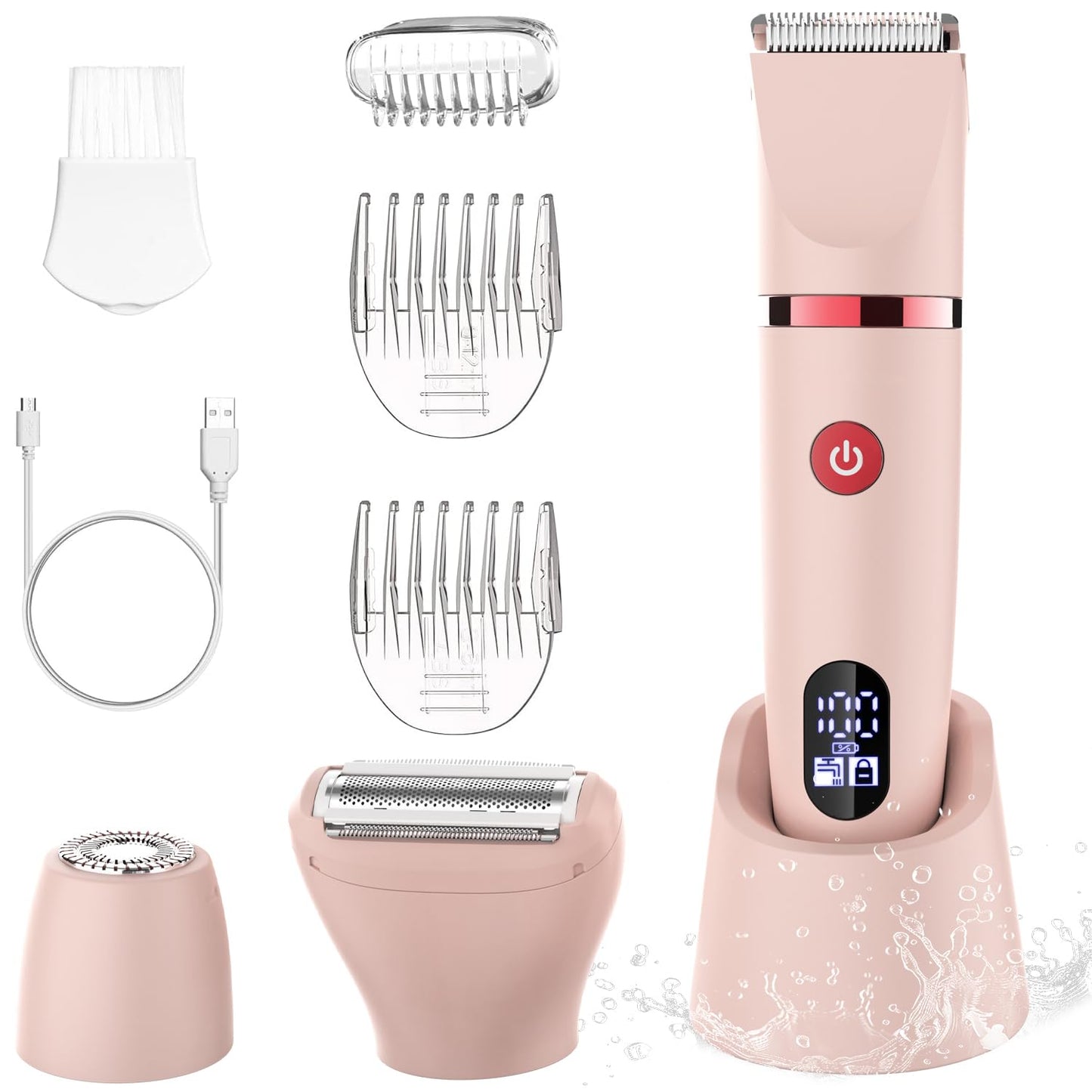 Zivelier 3-in-1 Electric Razor IPX7 Waterproof Bikini Trimmer Wet & Dry Use Painless Personal Trimmer Groomer for Ladies Face Body Legs Bikini Public Hairs Electric Lady Shaver with Replaceable Heads