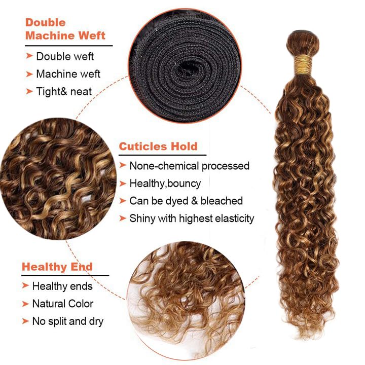 Aonbamds P4/27 Highlight Brown Water Wave Human Hair Extensions 14-18 Inch 3 Bundles