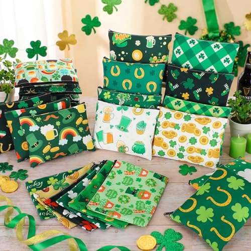 48 Pcs St. Patrick's Day Makeup Bags Bulk Canvas Cosmetic Bags Green Toiletry Storage Zipper Pouch Portable Travel Purse Organizer for Irish Holiday Party Gifts