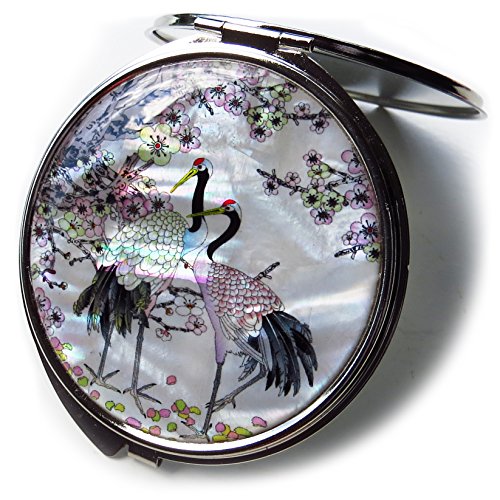 MADDesign Mother of Pearl Compact Mirror with Cranes & Apricot Tree Design - Travel Makeup Mirror, 2.5x Magnification