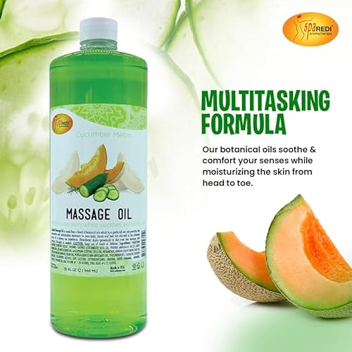 SPA REDI - Massage Oil, Cucumber Melon, 32 Oz - Professional Full Body Massage Therapy, Manicure, Pedicure - Relax Sore Muscles and Repair Dry Skin, Enhanced with High Absorption Oils and Vitamin E