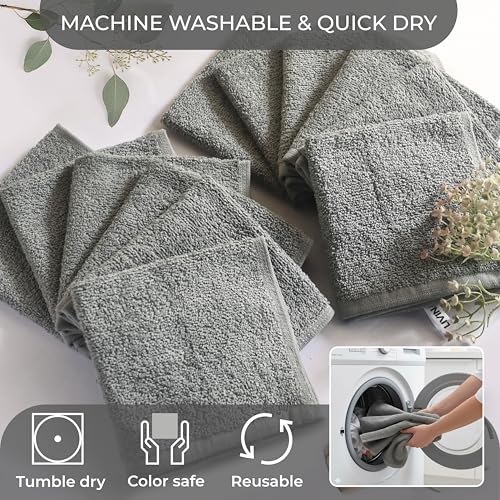 Gray Cotton Washcloths Set of 12 - 12x12 Inch Soft Bath Rags for Body & Face - LIVINATI