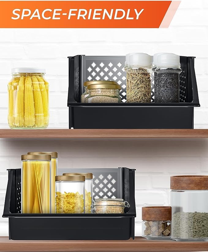 Black Stackable Storage Bins Open Front 6 Pack for Pantry Closet Organization - Skywin