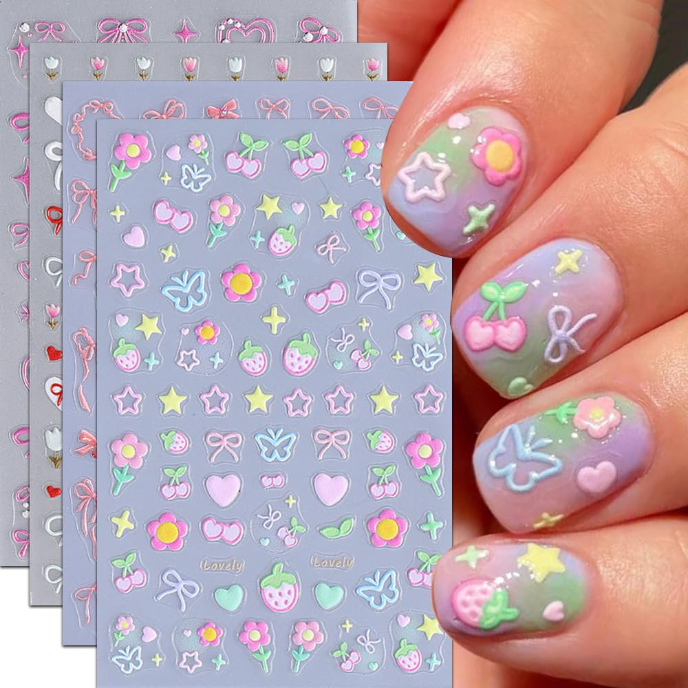 Bow Heart Star Nail Stickers for Nail Art Spring Butterfly Flower Nail Art Stickers Cute Summer Ice Cream Nail Decals 3D Colorful Strawberry Floral Self Adhesive Design Sticker for Women Girls 3PCS