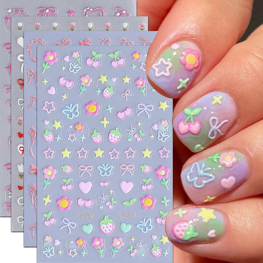 Bow Heart Star Nail Stickers for Nail Art Spring Butterfly Flower Nail Art Stickers Cute Summer Ice Cream Nail Decals 3D Colorful Strawberry Floral Self Adhesive Design Sticker for Women Girls 3PCS