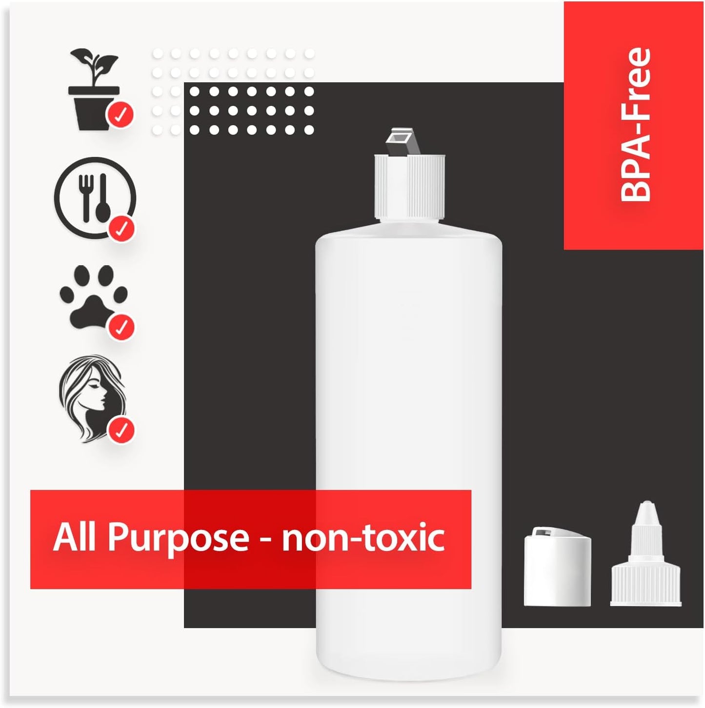 33.8oz HDPE Plastic Bottles 3-Pack with 9 Versatile Caps - BPA-Free, Food Safe for Shampoo, Condiments & More