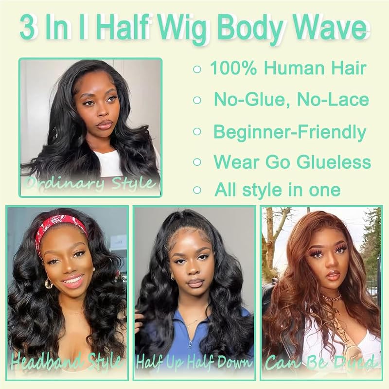 Half Wig Body Wave Human Hair 3-in-1 Seamless Flip-Over Glueless Headband Wig 18 Inch - Black