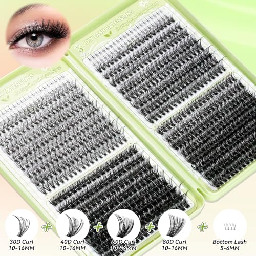 Eyelash Clusters Kit With Bottom Lashes 30+40+60+80D Lashes 668 Pcs Natural Wispy Lash Clusters Eyelash Extension Kit 5-16MM D Curl Lash with Bond and Seal Remover Tweezer for DIY at Home