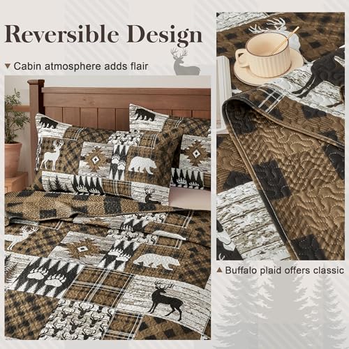 Reversible Cabin King Size Quilt Set with Shams - Bear Brown, Rustic Farmhouse Bedding