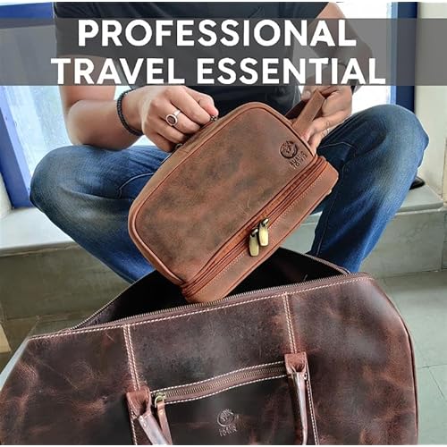 RUSTIC TOWN Leather Toiletry Bag - Waterproof Ditty Kit for Men and Women, Travel Organizer for Full-Size Essentials, TSA Approved