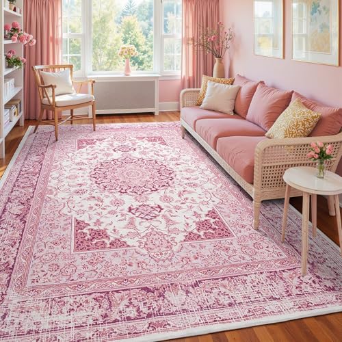 Macgace Bright Pink 8x10 Vintage Area Rug for Living Room, Washable & Non-Slip