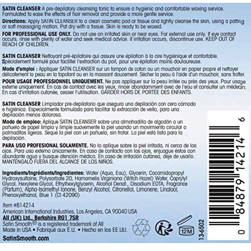 SATIN SMOOTH Pre Wax Cleanser - Antiseptic Skin Prep for Pre Wax Hair Removal, Deep Cleansing & Irritation-Free Waxing, AfterWax Care, 4 oz, 2-Pack