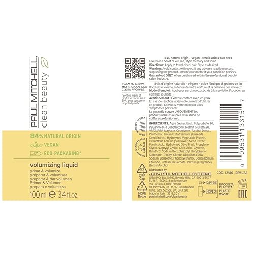 Paul Mitchell Clean Beauty Volumizing Liquid, Prime & Volumize, For All Hair Types, Especially Fine Hair, 3.4 fl. oz.