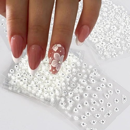 30 Sheets White Rhinestones Flower Nail Art Stickers, 3D Self Adhesive Flower Nail Sticker Design Holographic Small Floral with Rhinestones Nail Art Decals Nail Supplies for Women Nail Decoration