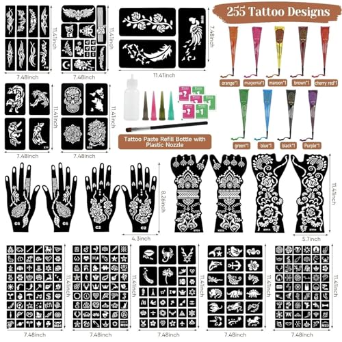 Temporary Body Art Tattoo Kit Multi-Color Style E with Reusable Stencils