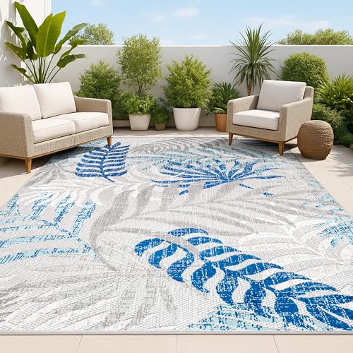 Indoor Outdoor Palm Leaf Area Rug - Gray Blue 5'3 x 7'7 Variation