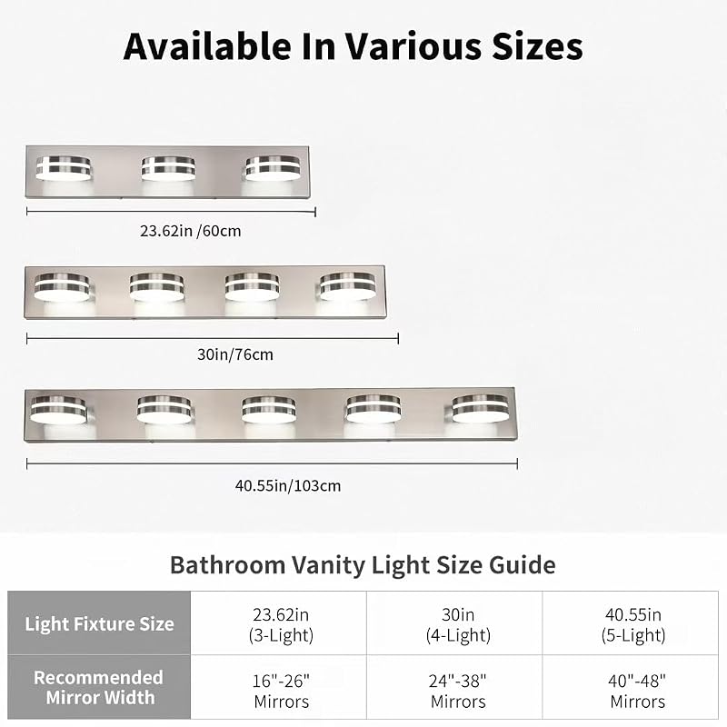 Dimmable 24in Brushed Nickel Vanity Light — 3-Light Over Mirror, 5500K LED, 350° Rotating Heads