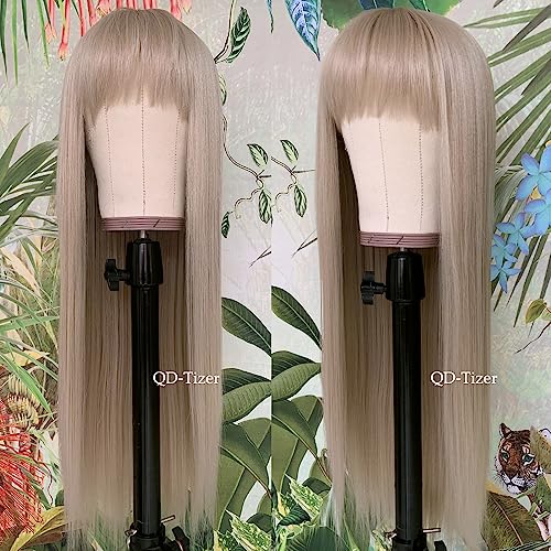 Ash Blonde Synthetic Wig with Bangs - Long Straight Hair, No Glue, 24 Inch