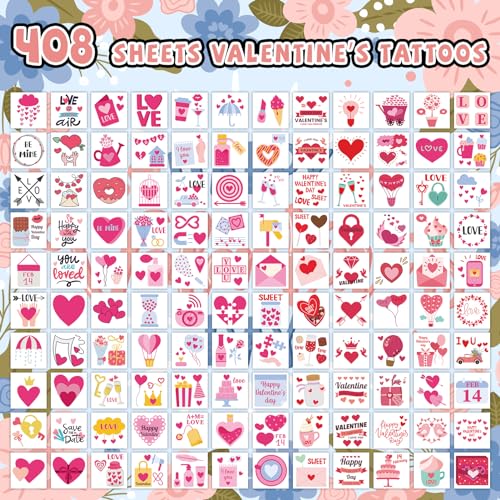 EMOME 408 Individually Wrapped Valentine Temporary Tattoo Stickers for Kids, Cute Heart Temporary Tattoos for Valentine Accessories, Kids Tattoos for Party Supplies Favors Fillers