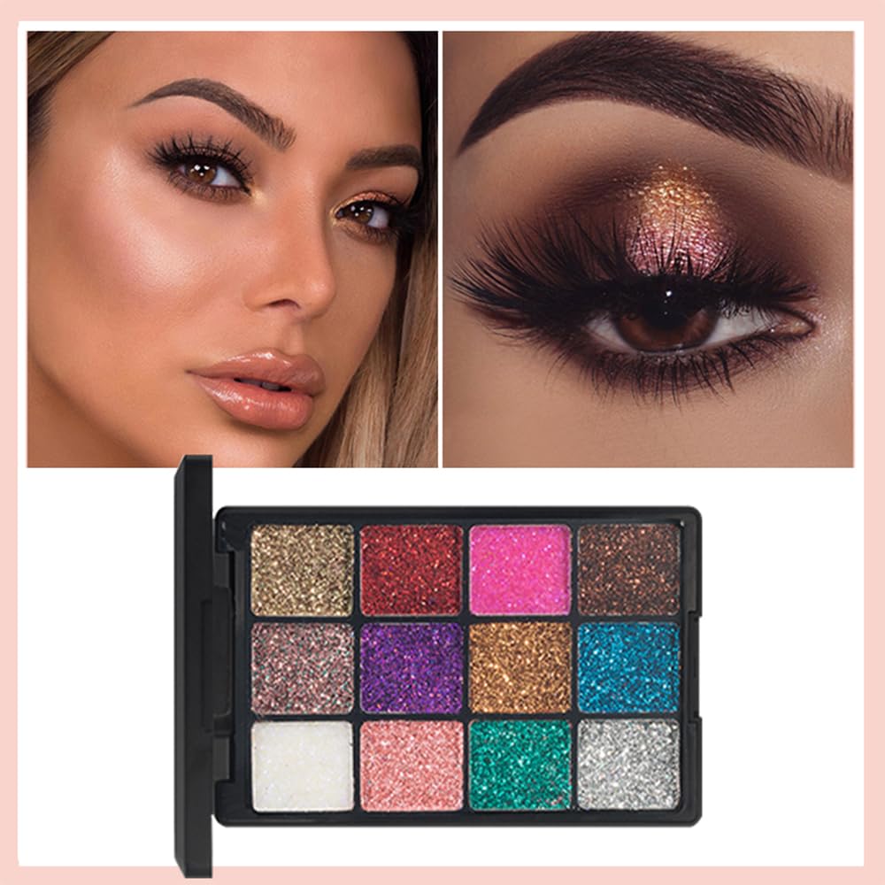 12 Colours Pearly Glitter Eyeshadow Palette, Sparkle Sequin Pearly Finish, Long-Lasting and Highly Pigmented Eyeshadows for Festive Look Carnival/Mardi Gras/Masquerade